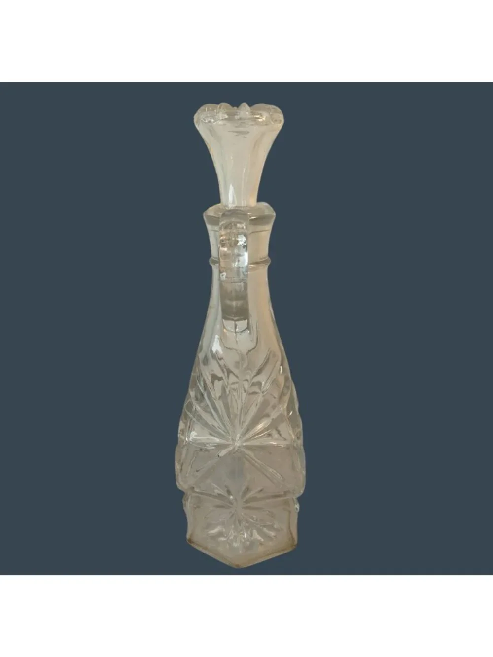 Vintage Clear Glass Cruet Bottle With Stopper Handle Decorative Starburst Floral